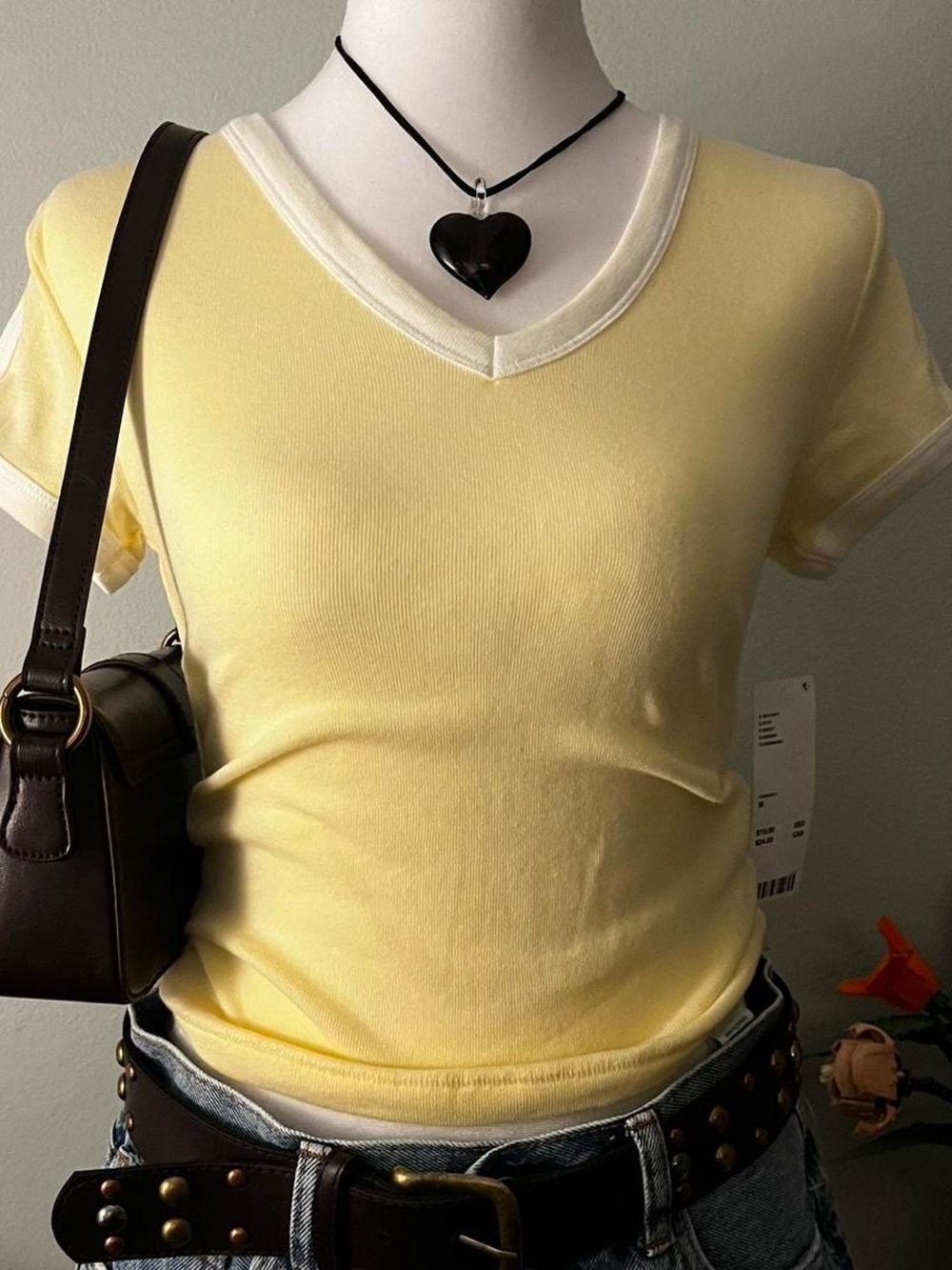 BDG Pale Yellow V-Neck Ringer Tee with White Trim